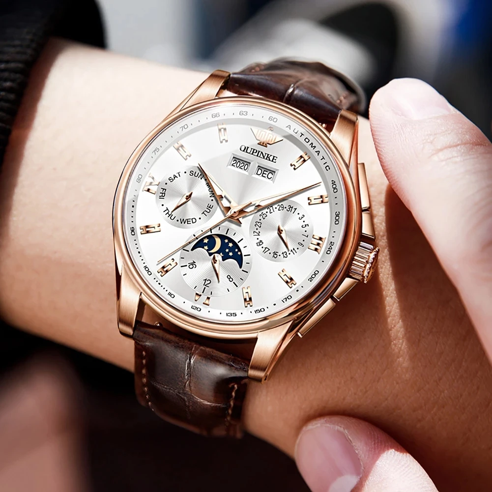 

OUPINKE Men's Mechanical Watch Luxury Automatic Watch Leather Sapphire Waterproof Sports Fashion Moon Phase Watch