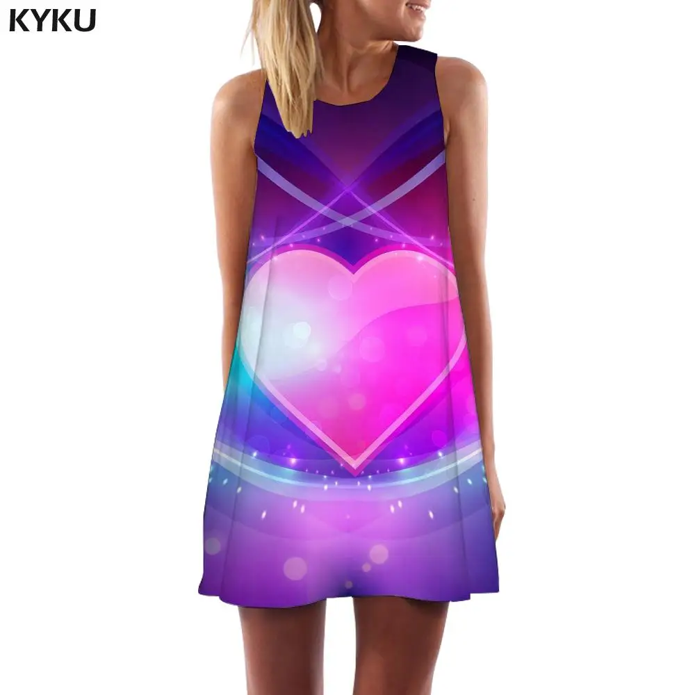 

KYKU Brand Love Dress Women Colorful Korean Style Romantic Tank Couples Beach Womens Clothing Elegant Ladies Large Sizes Femme