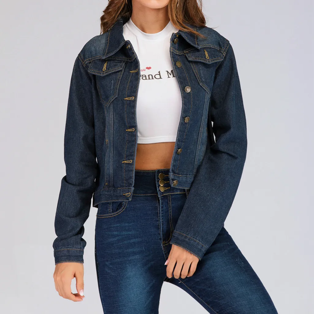 Женская короткая джинсовая куртка Повседневная Свободная с длинным рукавом и