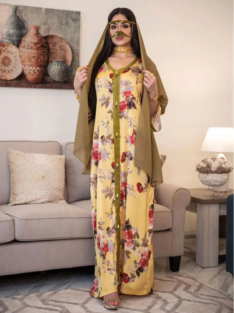 

Eid Ramadan Mubarak Floral Print Dubai Abaya Dress Jalabiya Muslim Women Ethnic Kaftan Robe Muslim Islam Arabic Clothing Yellow