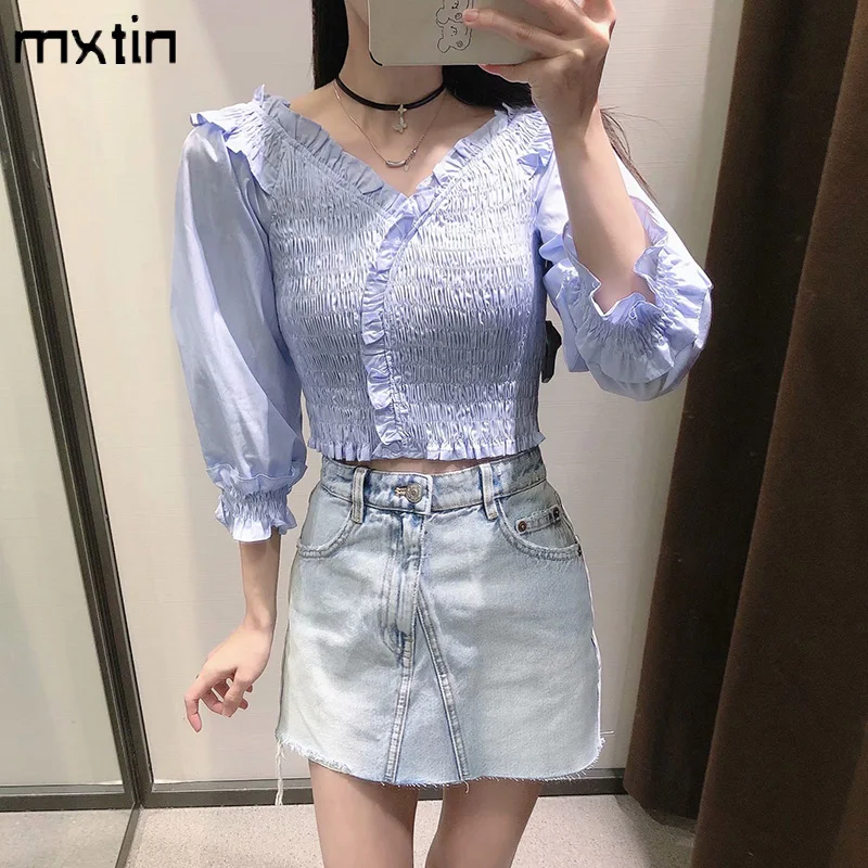 

MXTIN 2021 Women Summer Vintage Elasticity Solid Short Top Fashion V-Neck Three Quarter Casual Blouses Shirts Blusas Tops