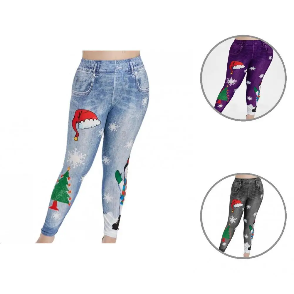 

Fashion Track Pants Thick Ankle-Length Christmas Snowman Print High Waist Lady Pants Women Leggings Xmas Pants