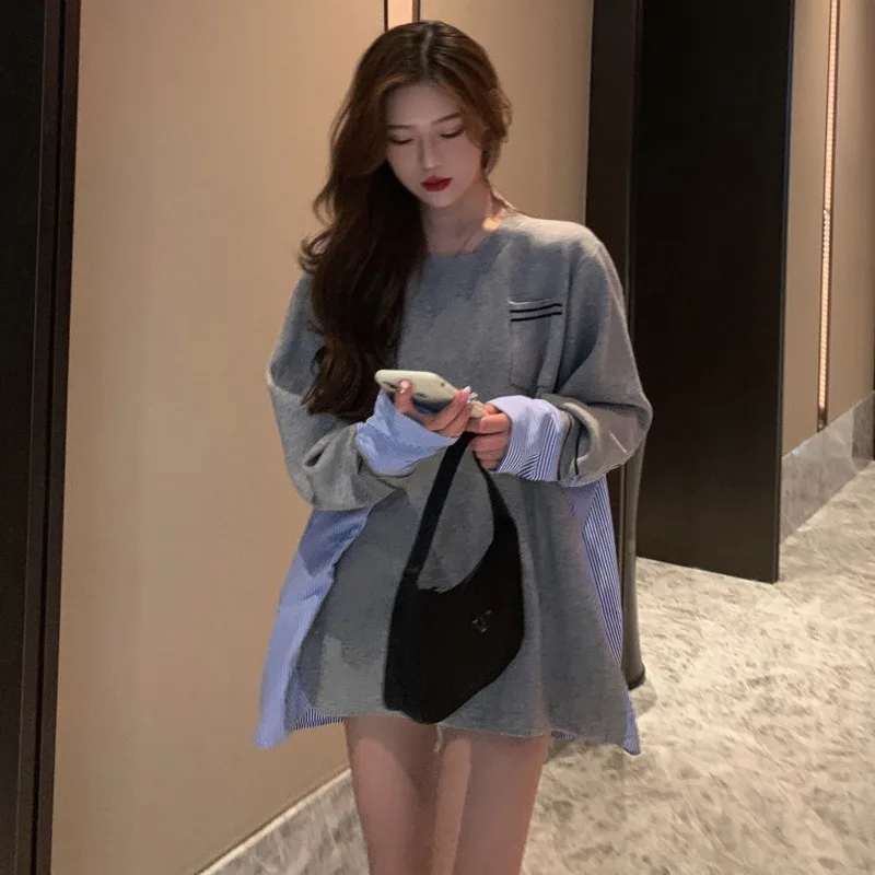 

SHENGPALAE Fashion Fake Two-piece Patchwork Sweatshirt Tops Women's Spring 2021 New O-neck Large Size Pocket Long Sleeve Shirt