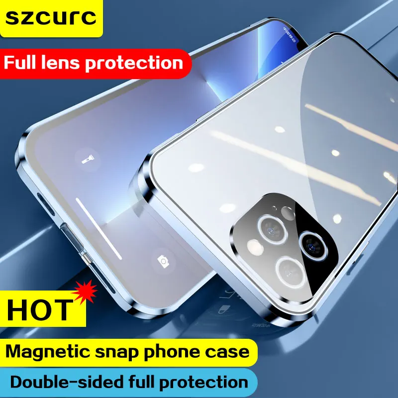For iPhone 12 Pro MAX Case. 360°Full Protection Cover.iPhone 11 13 Mini 14 14 plus  Magnetic Adsorption Metal Glass Phone sleeve