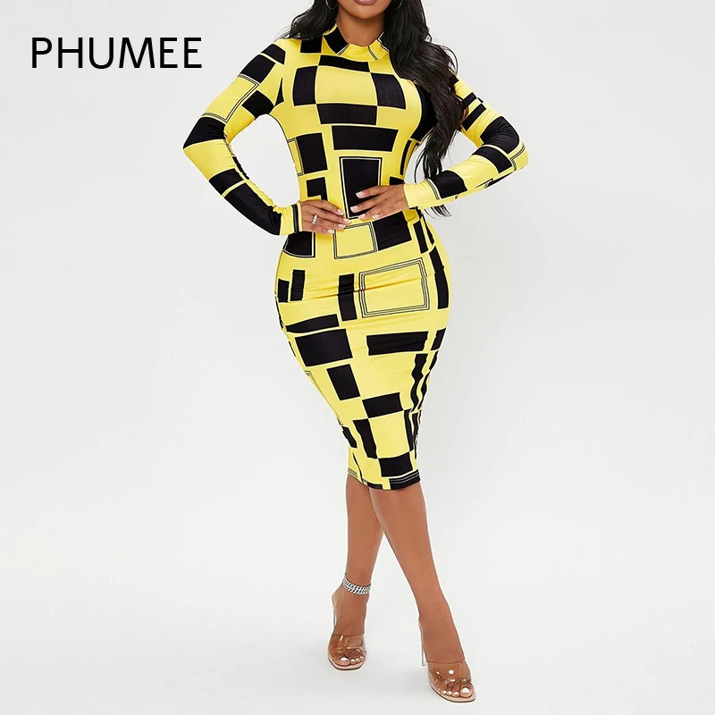 

Color Block Long Sleeve Geo Print Mock Neck Midi Bodycon Dress Women Spring Fall Geometric Split Pencil Dress Party Clubwear