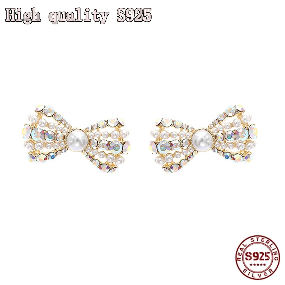 

S925 Silver Needle Bowknot Pearl Crystal Earrings Personality Temperament Women Earrings Fashion Jewelry Pearl Earrings