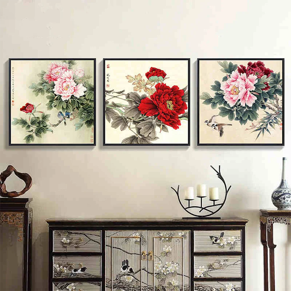 Изящный Цветущий пион Скандинавское искусство картина в китайском стиле холст