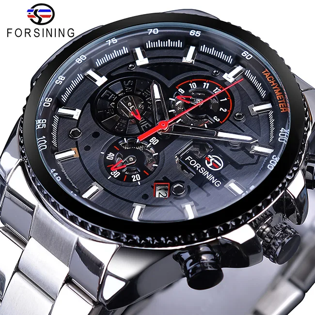 GMT1137-6 Forsining, лидер продаж, механические Автоматические Мужские часы, черные, нержавеющая сталь, водонепроницаемые, с календарем, 3 циферблата, модные, деловые, мужские часы - Цвет: GMT1137-6