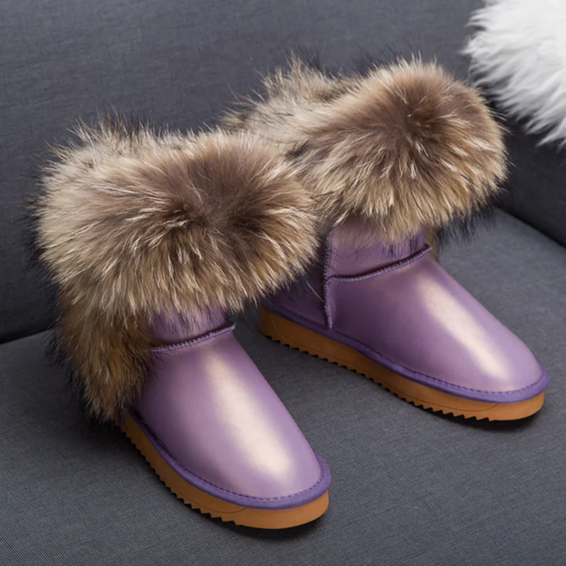voilet fox fur G& Zaco/Роскошные зимние ботинки с натуральным лисьим мехом; женские ботинки из натуральной кожи; Средний теленок; водонепроницаемые ботинки из коровьей кожи с натуральным мехом - Цвет: voilet fox fur