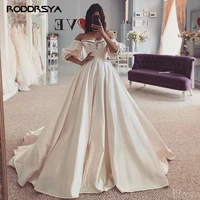 satin wedding dresses 2020 off the shoulder half sleeve back lacing bridal gowns beach boho princess wedding part robe de mariee