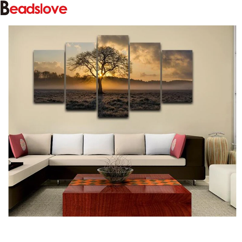 

DIY 5D Diamond Painting Multi-picture diamond Embroidery 5 Panel Poster Sunrise Tree Landscape Photo For Living Room Decor