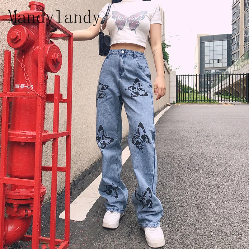 

Mandylandy Jeans Spring Autumn Fashion High Waist Button Loose Straight-Leg Denim Trousers Women's Casual Butterfly Print Jeans