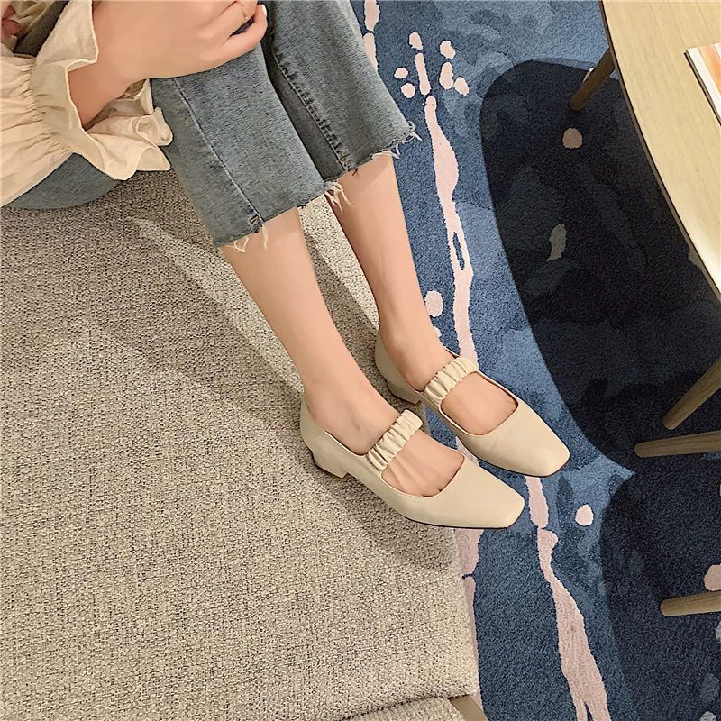 

VERCONAS Genuine Leather Women Pumps Square Toe Pleated Mary Janes Casual Thick Heels Shoes Woman 2021 Spring Concise New