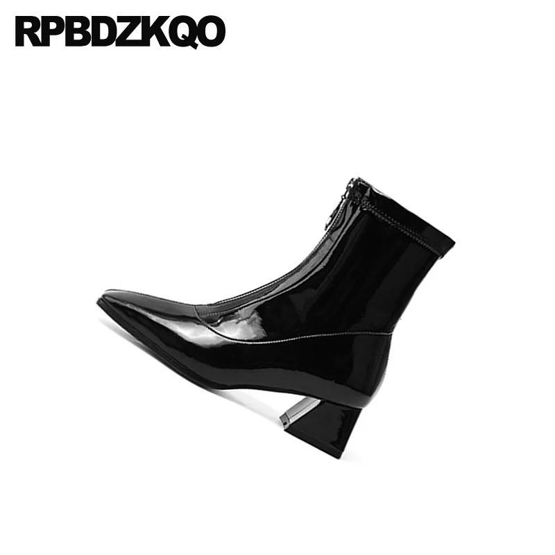 Женские ботильоны из лакированной кожи черные ботинки на высоком массивном