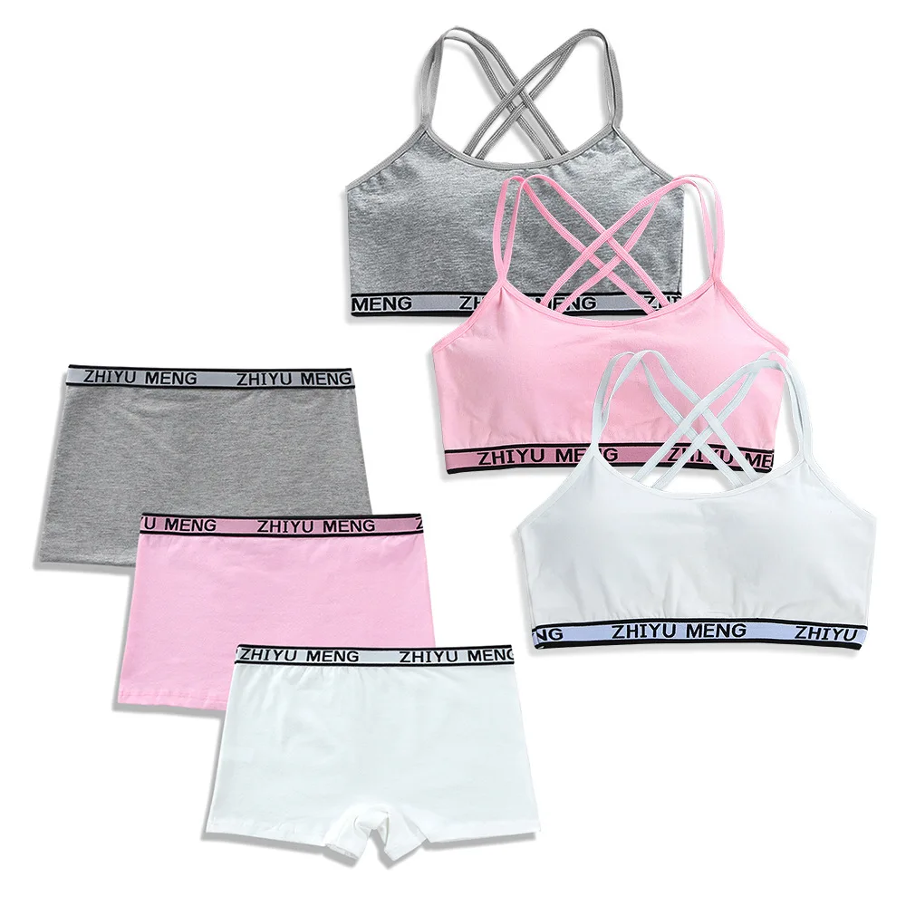 

5Set/Lot Bra Set For Student Puberty Vest Brassiere Bras and Panties For Girls 2021 Cotton Children Underwear 8-20 Years Hipster