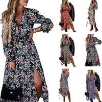 floral print maxi dress sexy split v neck long sleeve dress for cocktail party female casual vestidos am3453