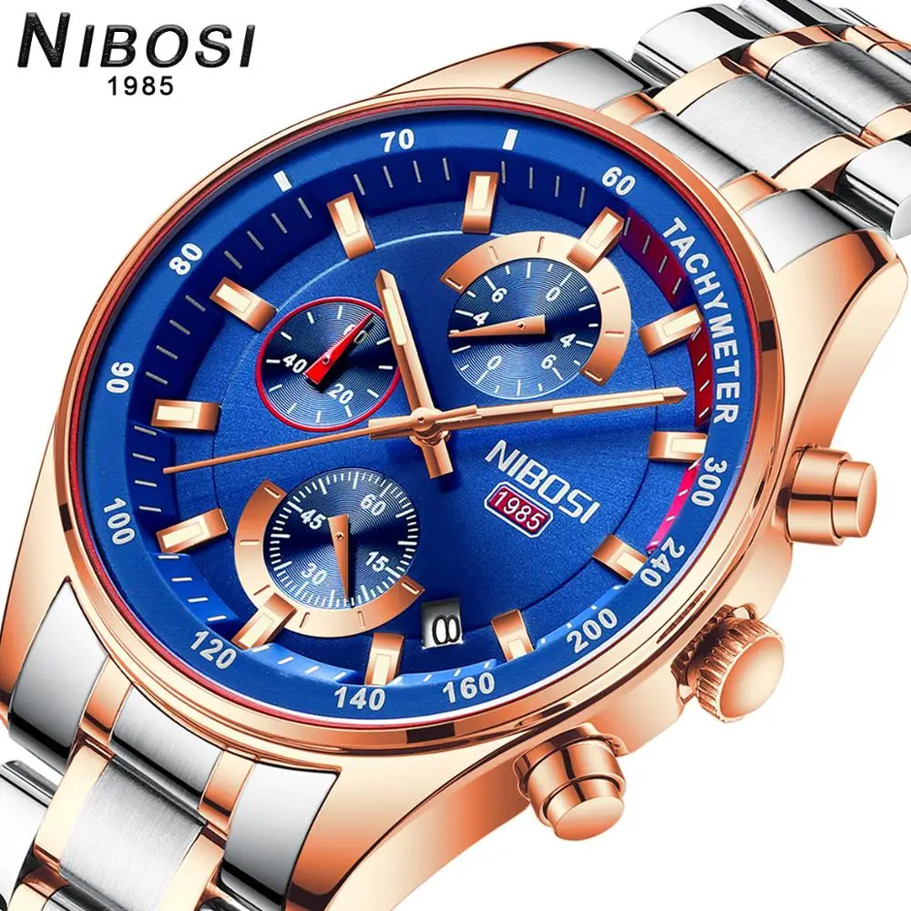 NIBOSI часы хронограф спортивные мужские кварцевые из нержавеющей стали наручные
