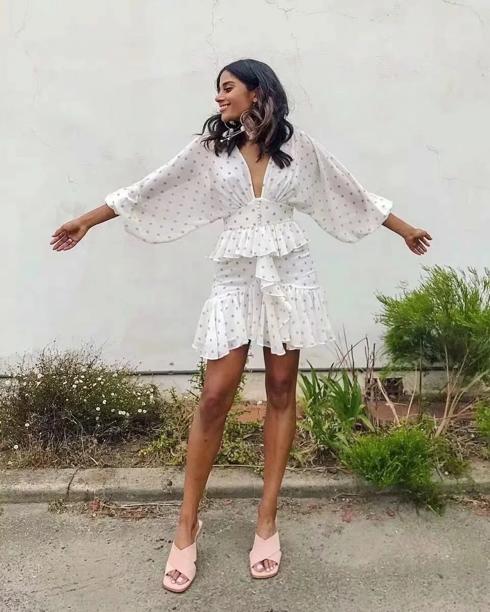 Женское Короткое Шифоновое Платье DEAT белое мини платье в горошек с рукавом