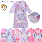 Купальник для девочек Цельный с шапкой мультяшный Единорог купальники для девочек анти-УФ детский купальный костюм летняя детская пляжная одежда для бассейна