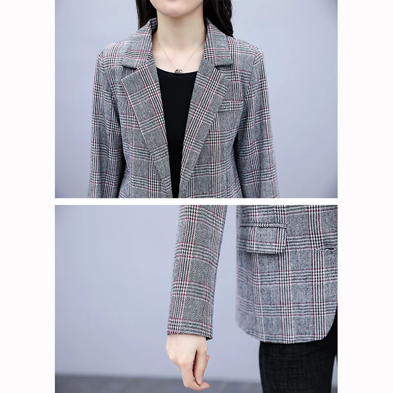 Fashion Fall Women Plaid Blazer Jackets Work Office Ladies Suit Vintage Single Breasted Pockets Business Female Blazer Coat New