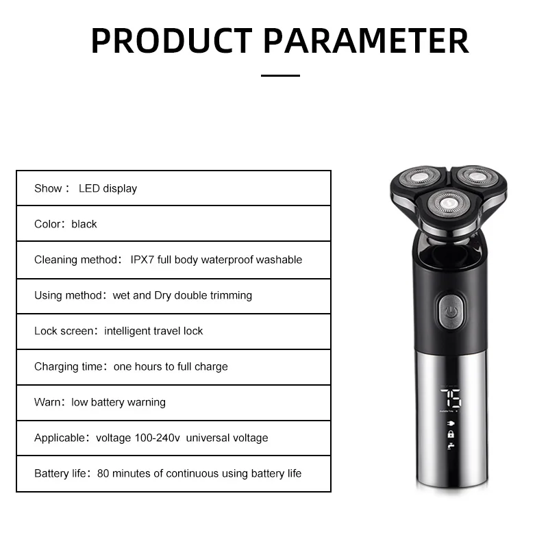 

USB Rechargeable Shaving Machine Dry Wet Waterproof Beard Trimmer 3D Head Washable Razor LED Display Electric Shaver for Man