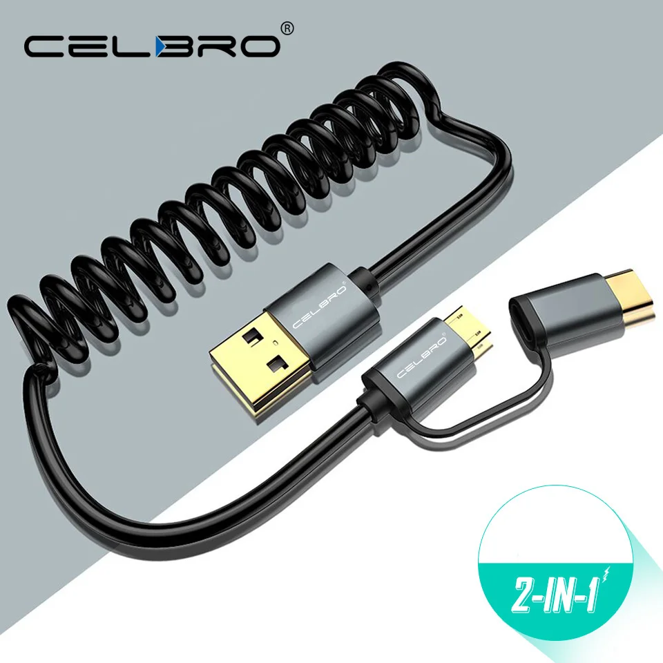 2 в 1 Выдвижной короткий Micro USB Type C кабель 2A Быстрая зарядка спиральный USBC шнур для