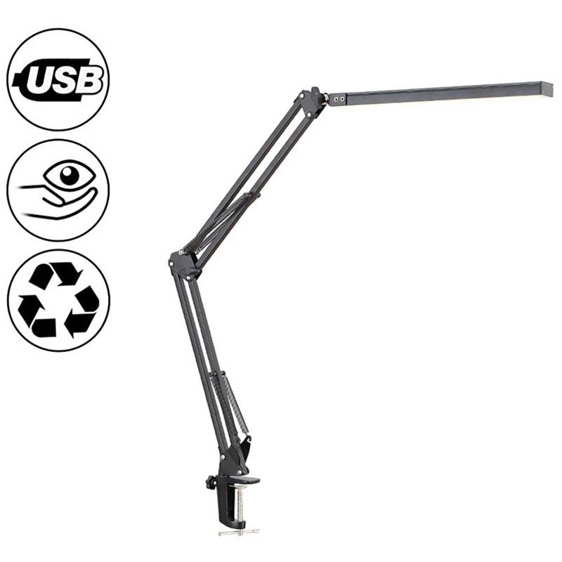 LED Desk Lamp With Clamp Eye-Care Dimmable Reading Light Swing Arm USB Clip-On Table Daylight Lam | Освещение