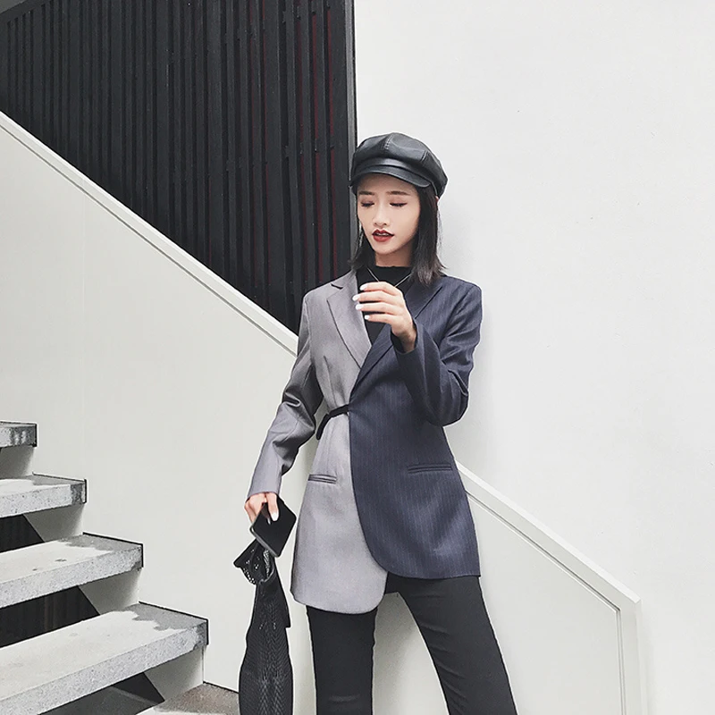 

HStar Asymmetric Women Suit 2020 spring Striped Long Blazer Coat lady Half Sleeve Notched Collar Jacket Slim Blazers