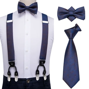 Hi-Tie Модные королевские синие подтяжки для брюк, кожа, 6 зажимов, подтяжки, Винтажный Мужской галстук-бабочка и подтяжки для мужчин, ширина 3,5 см