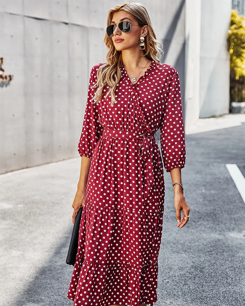 

Summer Polka Dot Print Dress Women Chiffon Beach Boho Casual V-Neck Split Party Vintage Sweet Robe Long Midi Dresses with Sashes