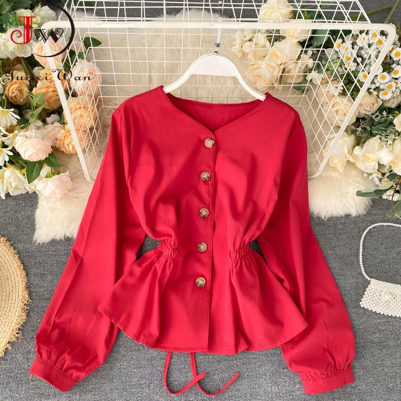 

Solid Elegant Women Chiffon Blouse Spring Autumn Korean Fashion Long Sleeve Shirt Single Breasted Chic Ruffles Tops