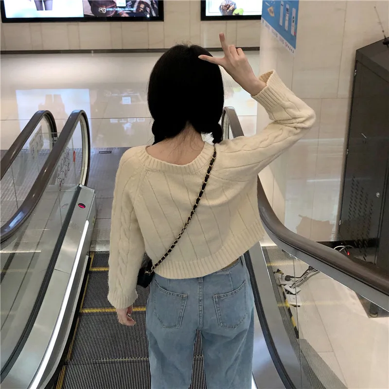 Autumn Winter New Women's Short Pullovers Sweater Twist Knitting Full Sleeve Solid Fashion Vintage Casual Tops T98506D