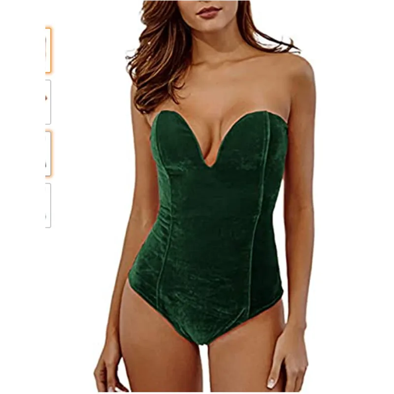 

Women Sexy Velvet Strapless Bodysuit Jumpsuit Sweetheart Deep V Neck Cross Back Vintage Bodycon Leotard Bustier Top