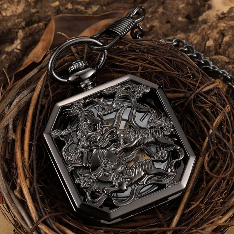 Mechanical Pocket Watch Antique Skeleton Dial Fob Chain Full Black Dragon Kirin Hanging Clock with Gift Box for Men Dropshipping