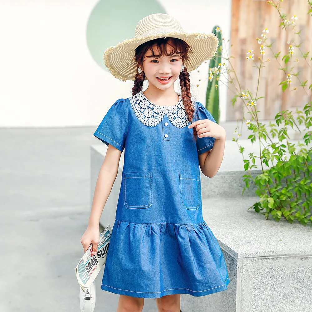 

Teens Girls Summer Dress 2021 New Lace Doll Collar Princess Dress for Children Clothes 4-14 Y Kids Denim Dress Blue Girl Costume