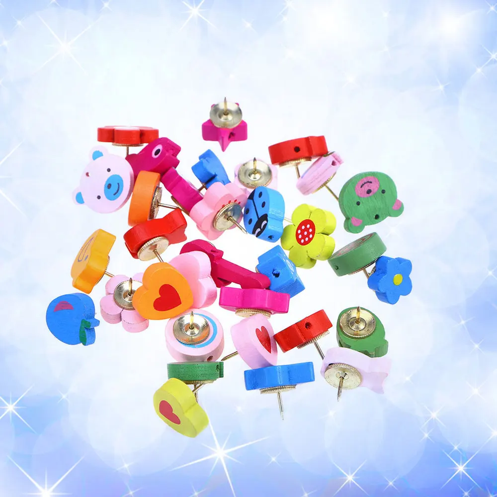 

30pcs Wood Push Pin Lovely Cartoon Thumbtacks Decorative Thumb Tack for Home and Office(Assorted Color)