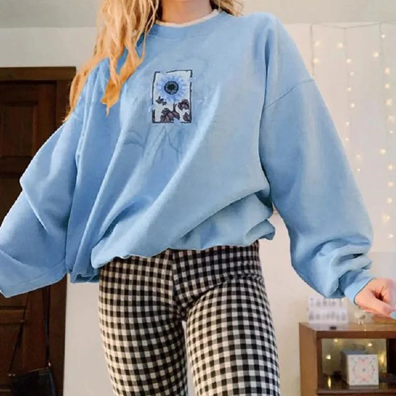 

Orange Sunflower Print Long Sleeve Casual Sweatshirt Women O Neck Plus Size Loose Fashion Winter Top for Women 2020 Fall Winter