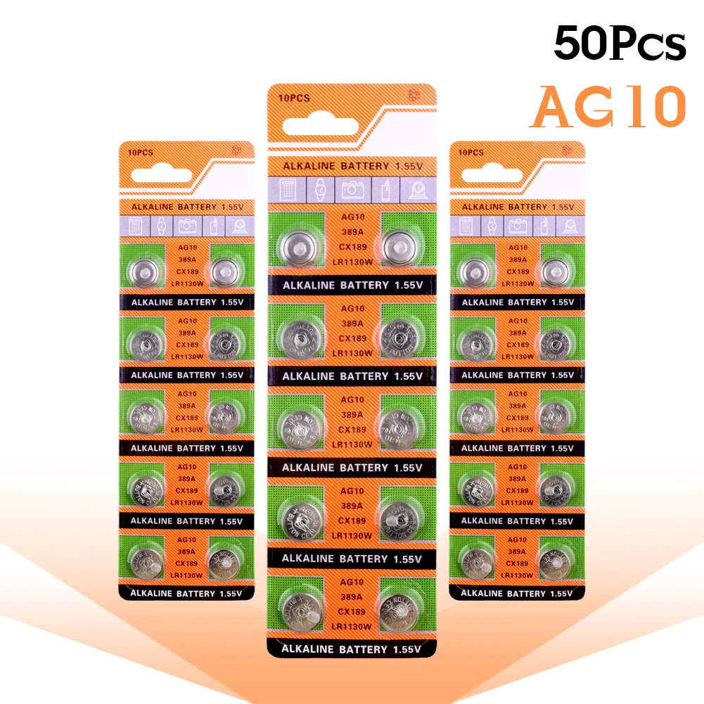 

50PCS Button Coin Cell Battery AG10 1.5V Watch Batteries SR54 389 189 LR1130 SR1130 For Toys Control Remote
