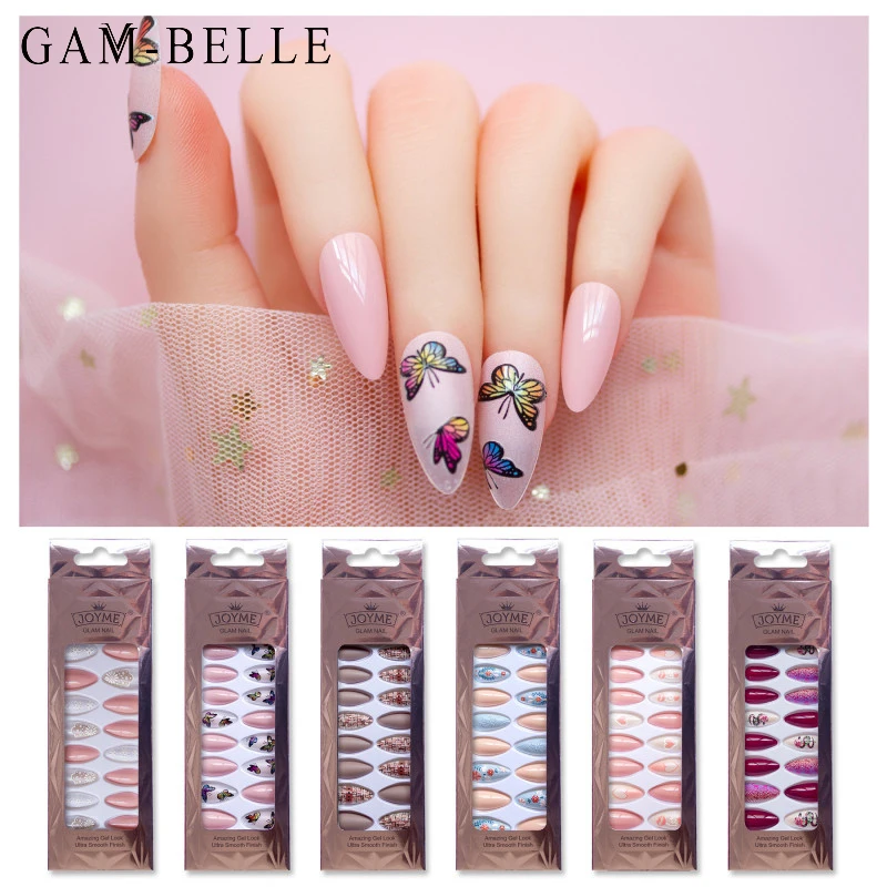 

GAM-BELLE розовые бабочки цветок сердце узор накладные ногти с дизайном длинные миндаль DIY Съемный искусственный пресс на ногтях