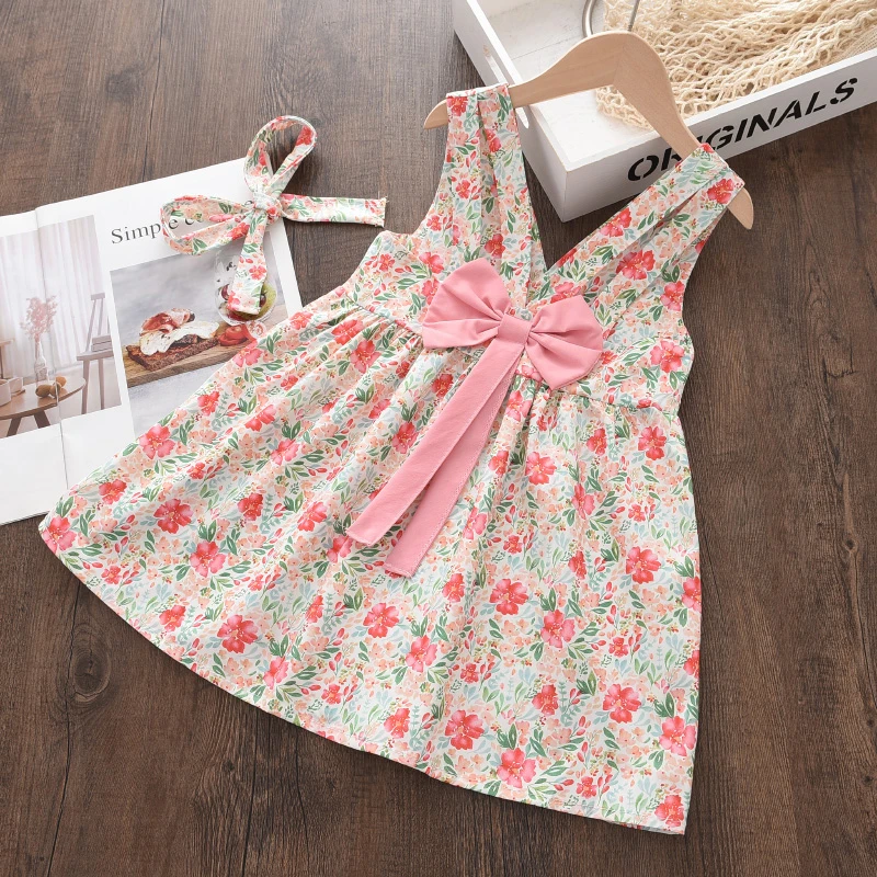 

Baby Girl Flower Sleeveless Dresses Kids Children's Casual Summer Clothing Bow Princess Costumes V-Neck Vesitido Sweet Clothes