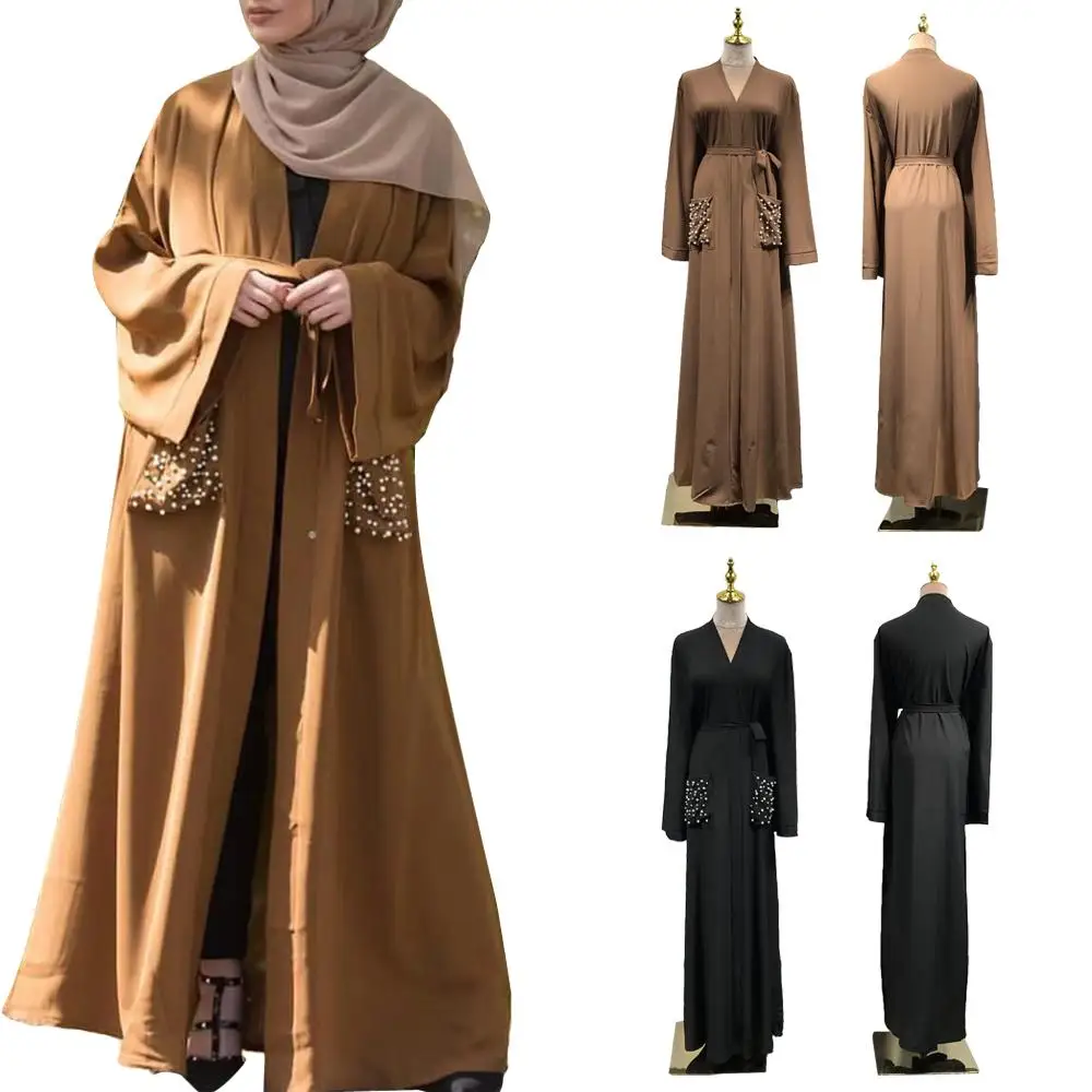 

Dubai Abaya Open Front Cardigan Muslim Women Kimono Long Dress Kaftan Jilbab Islamic Clothing Bead Pockets Middle East Ramadan