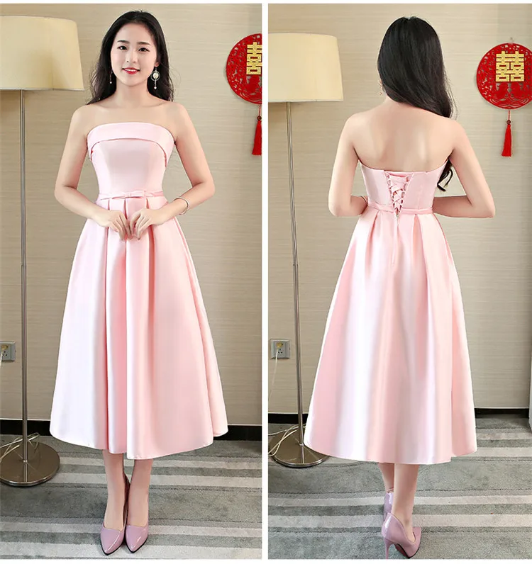 Женское атласное платье подружки невесты элегантное розовое длиной ниже колена