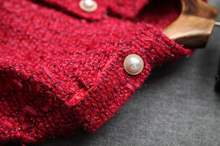 Зимнее женское Шерстяное Пальто из твида с бусинами однобортное на шнуровке