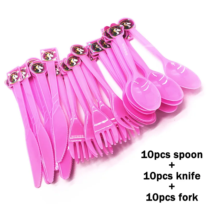 10Spoon10Fork10Knive Принадлежности для тематической вечеринки в виде единорога скатерть салфетки тарелки попкорн принадлежности чашки ножи и вилки ложки День рождения украшения - Цвет: 10Spoon10Fork10Knive