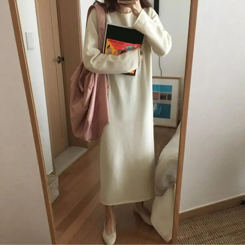beige Новинка, теплый свитер Vestidos, женский осенне-зимний длинный свитер, вязаный свободный макси, большой размер, женские облегающие длинные свитера - Цвет: beige