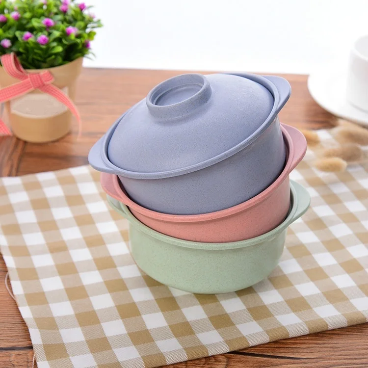

Lunch Tray Dishes Soup Bowl with Lid Dinnerware Tureens Pure Natural Wheat Straw Creative Salad Noodles Plate Plastic Tableware