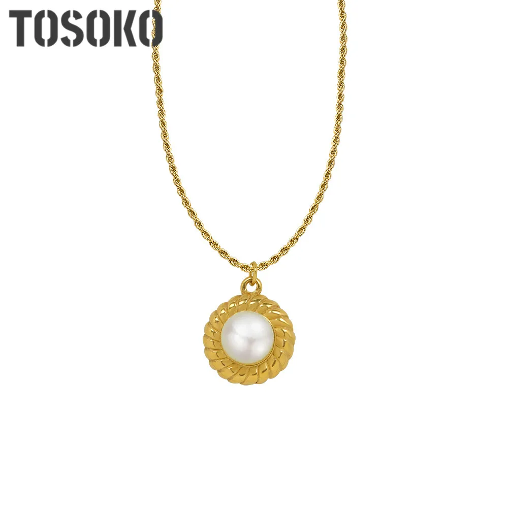 

TOSOKO Stainless Steel Jewelry Spiral Shell Inlaid Pearl Pendant Necklace Women's Elegant Clavicle Chain BSP391