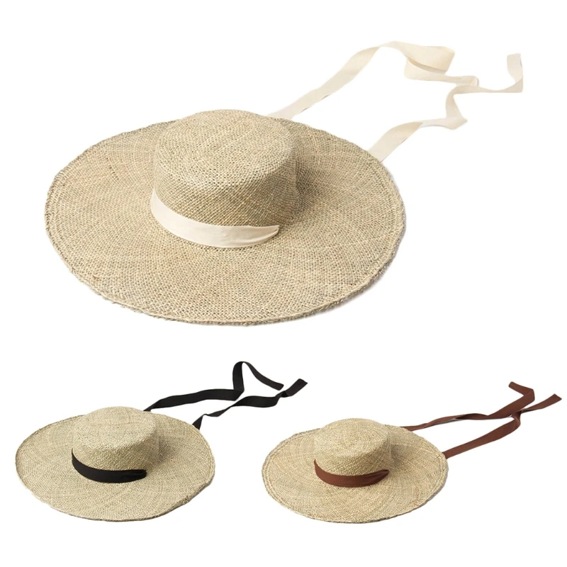

066F Chic Straw Sun Hat Packable Sun Cap Soft Ribbon Straps Fix Foldable Travel Seaside Companion Reduce UV Harm