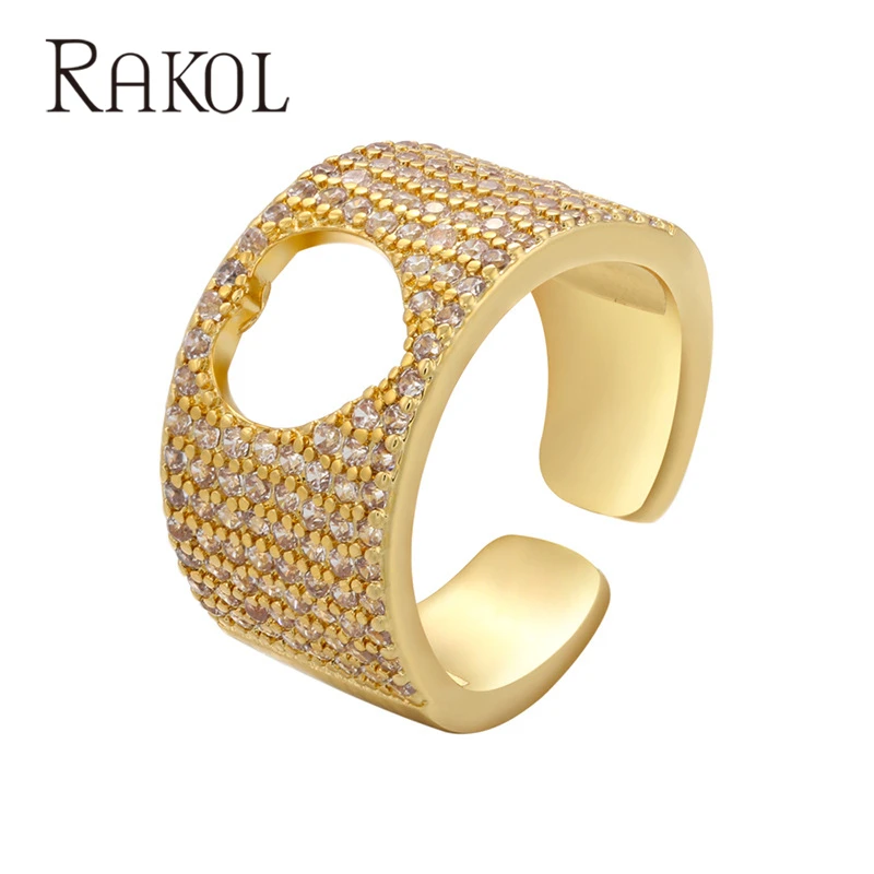 

RAKOL Fashion Geometric Gold Color Metal Open Adjust Rings for Women Material Zircon Wedding Jewelry Rings 2021 Trend RRR14