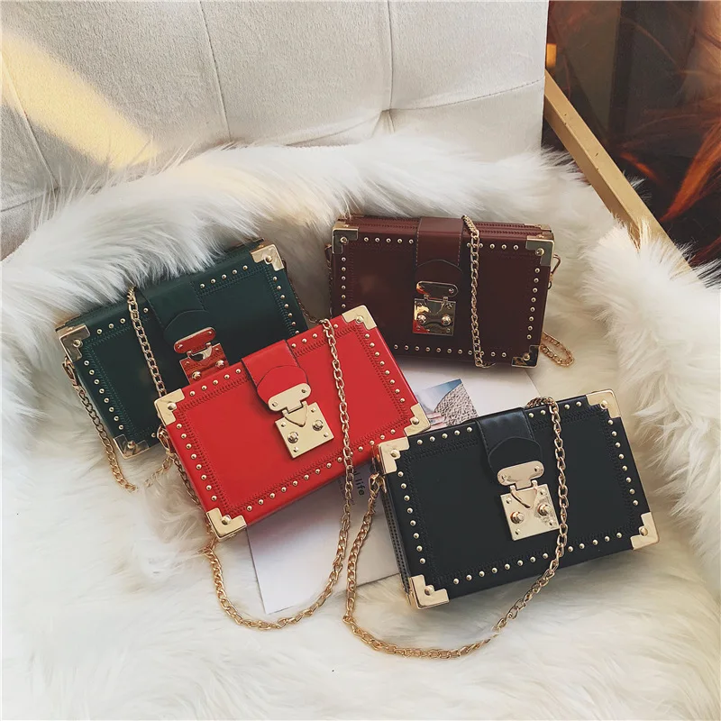 Fashion Vintage Rivet Designer Bag Box Style Buckle PU Women Clutch Bag Chain Purse Shoulder Bag Crossbody Small Flap Handbag